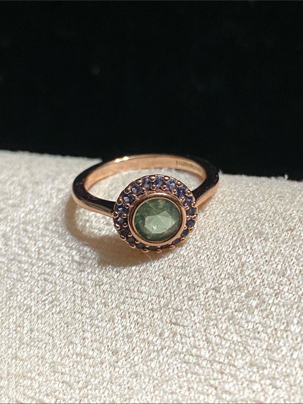 Rose Gold Ring with Green Center and Blue Halo